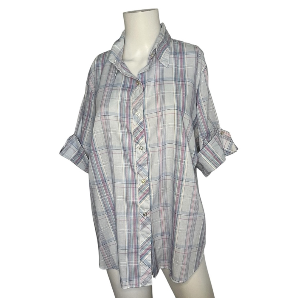 Vintage Shirt Accent Blouse Blue Plaid Short Sleeve Womens Size 44
